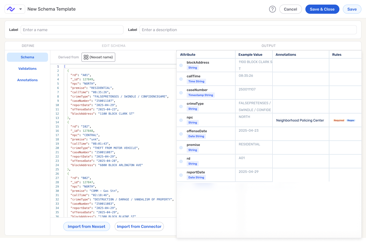 After-state screenshot of schema template designer with define, edit schema, and output panes