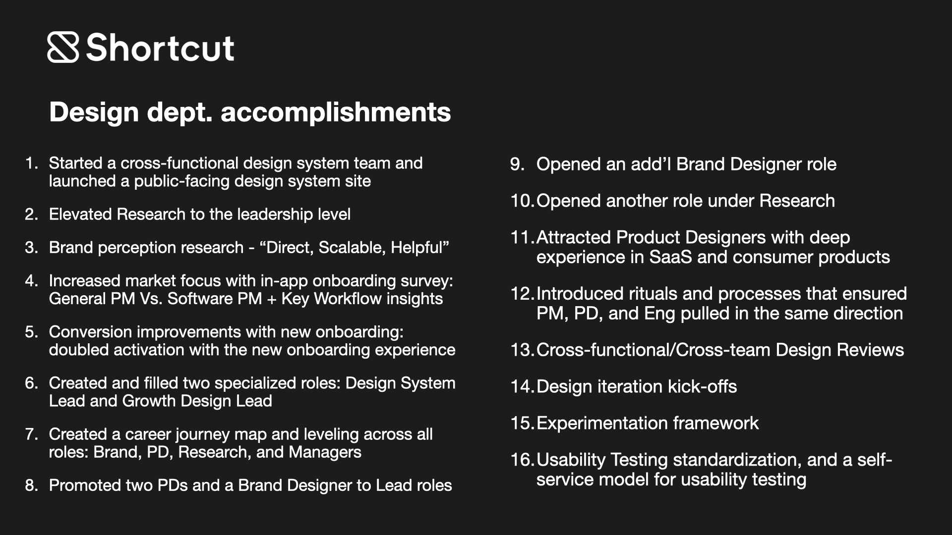 Design department accomplishments slide showing design system team, research leadership, brand perception research, onboarding survey, specialized roles, rituals, and experimentation