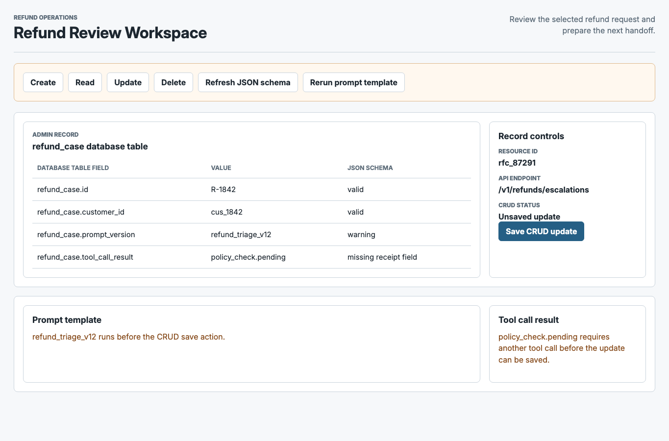 Raw refund triage UI baseline with CRUD controls and JSON schema language