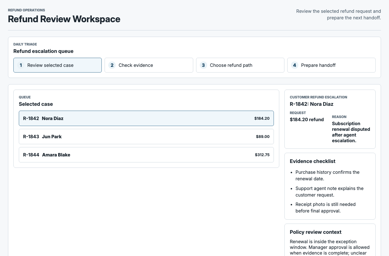 JudgmentKit-guided refund triage UI organized around case review and handoff decisions