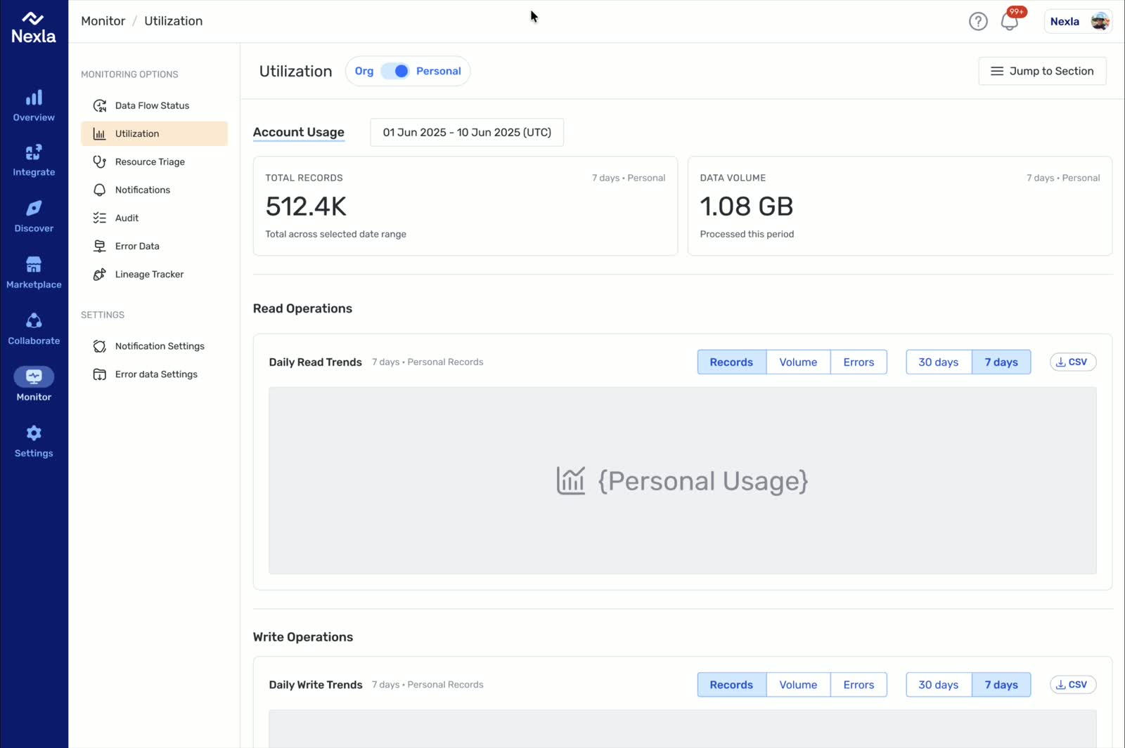 Redesigned overview page with a single page-level Org and Personal toggle plus CSV export controls within the section modules.